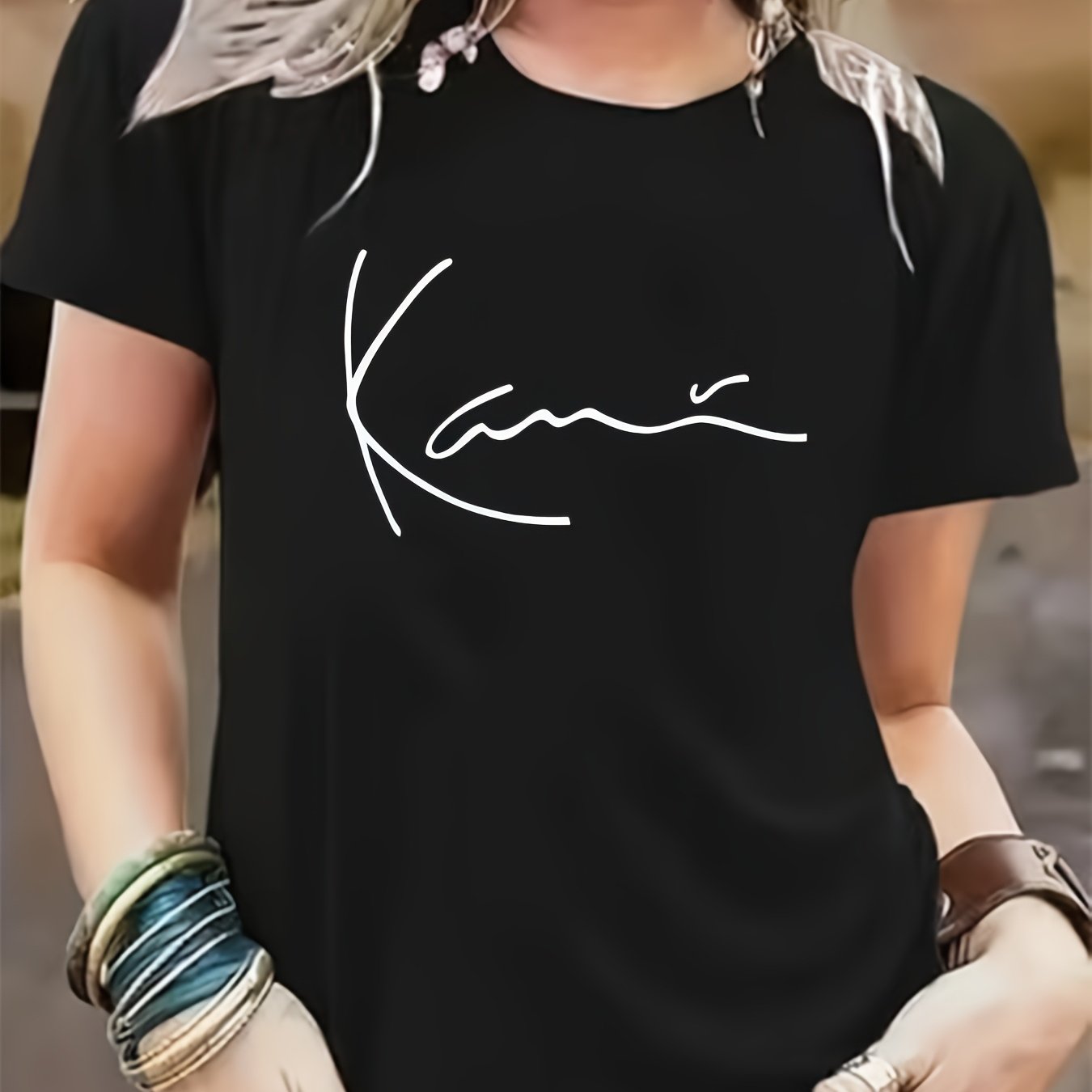 Women's Short Sleeve T-Shirt Cursive Letter Print Black Breathable Soft