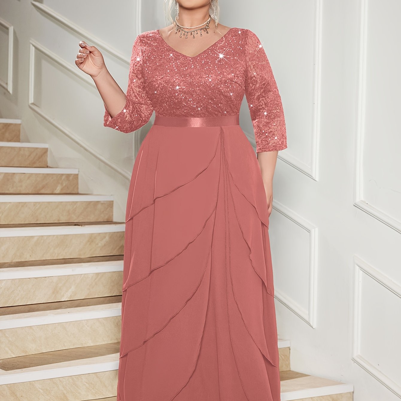 Plus Size Women's Sequin Lace V-Neck Maxi Dress Formal Evening Gown