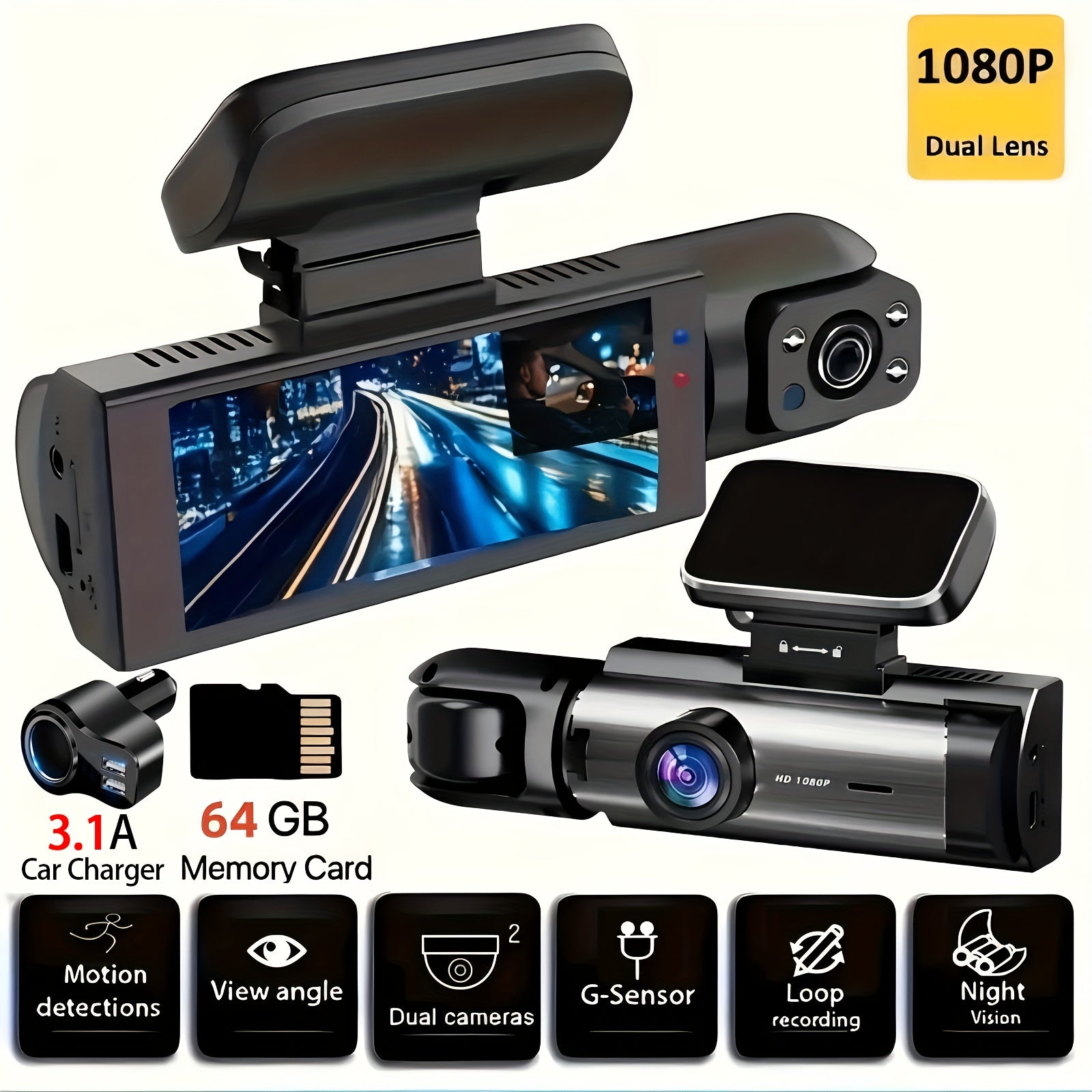 Upgraded Car Dash Camera with 64G Memory Card Night Vision Dual Front Interior Recording