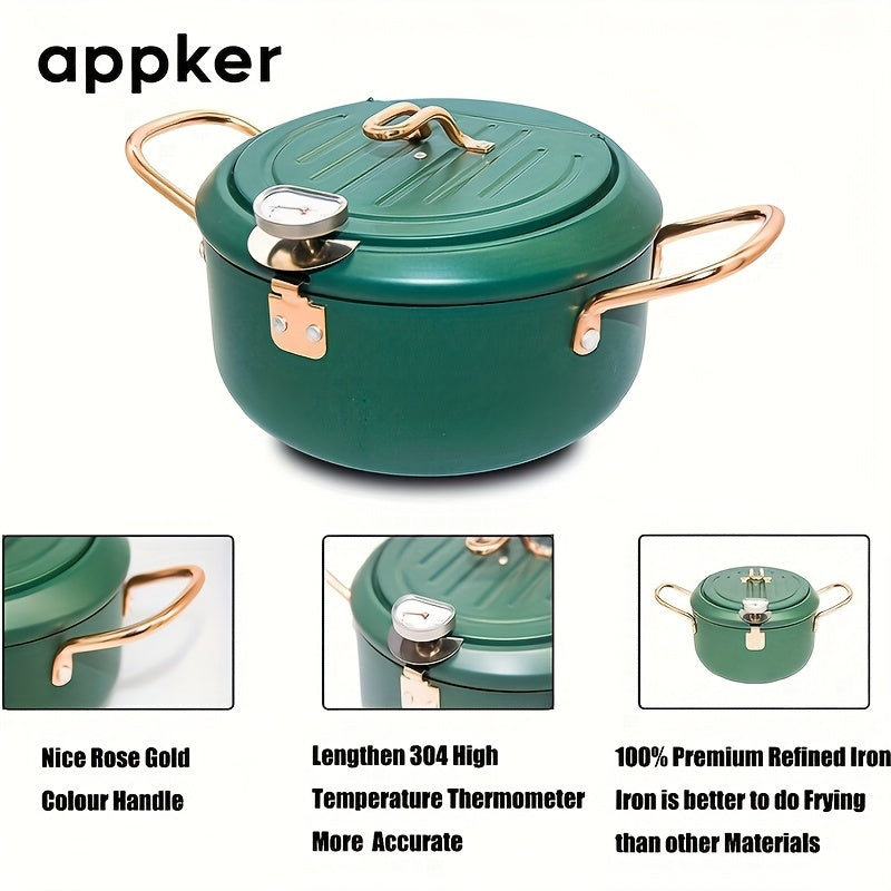 Deep Fryer with Thermometer Non-Stick Carbon Steel Large Green Pan Lid and Oil Drip Rack