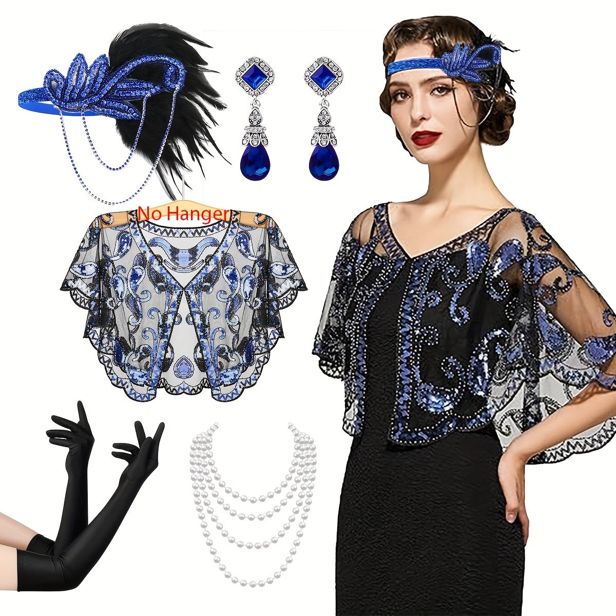 Women's 1920s Flapper Costume Accessory Set Headband Shawl Earrings Gloves for Roaring 20s Parties