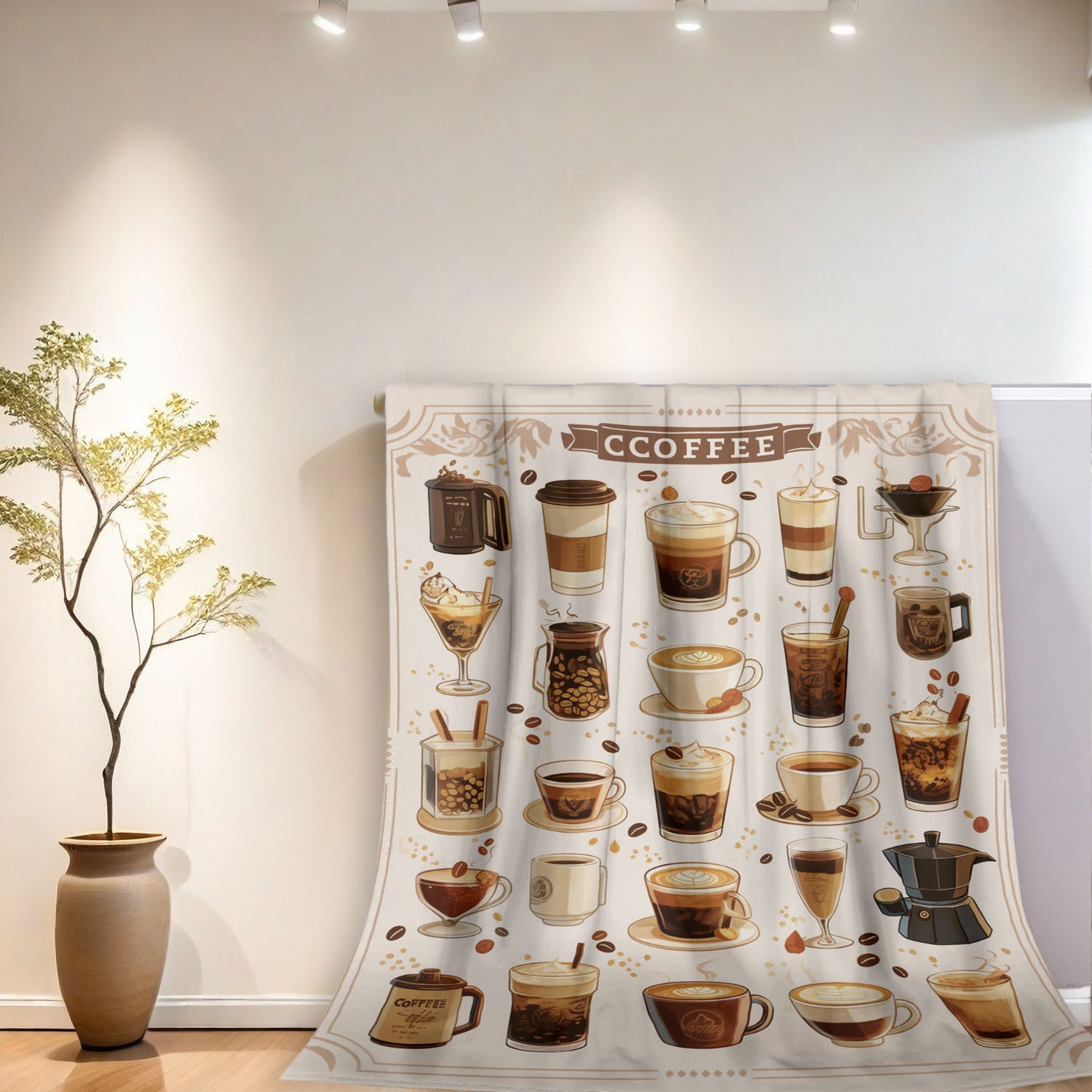 Contemporary Flannel Fleece Throw Blanket with Coffee Print Soft Polyester All-Season Home Decor