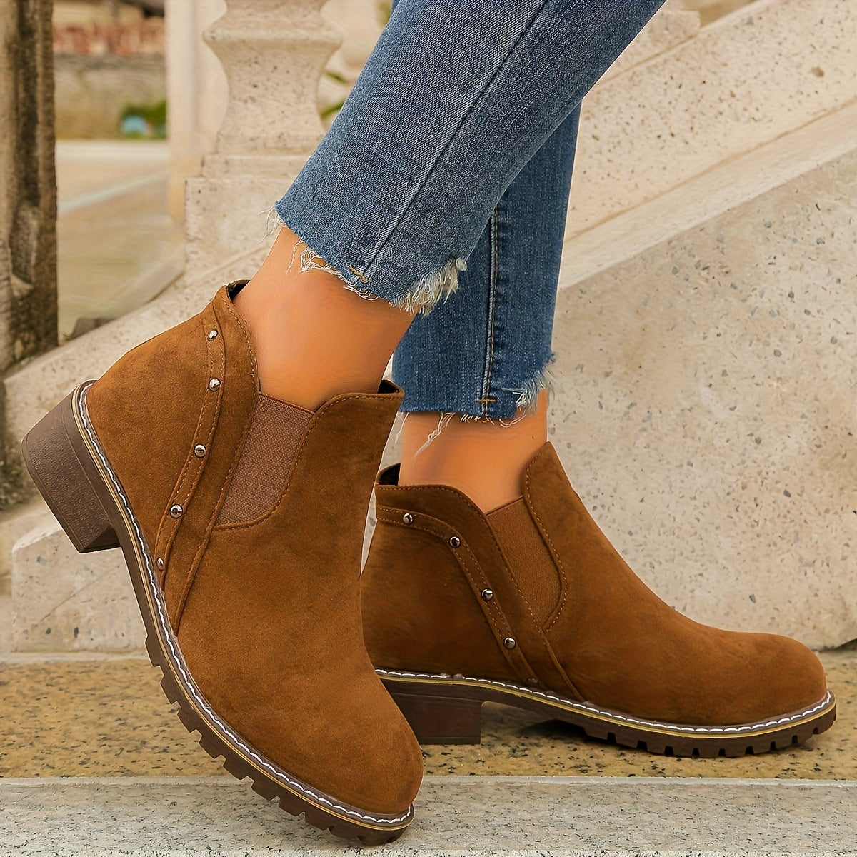 Women's Black Chunky Mid-Heel Boots with Round Toe Zipper Non-Slip