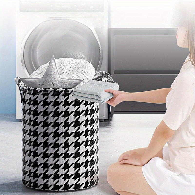 Foldable Laundry Hamper in Houndstooth Pattern Non-Woven Fabric for Clothes and Toys