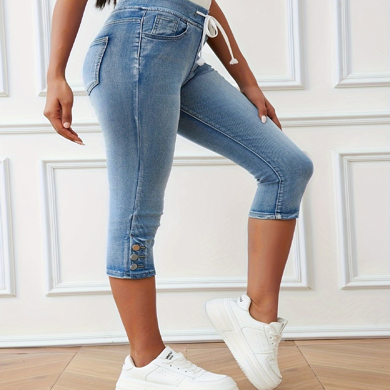 Women's High-Elastic Drawstring Cropped Pants Fitted Waist Black Size S