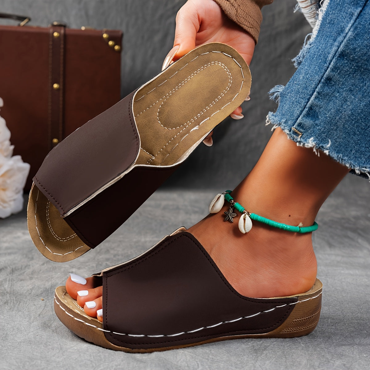 Women's Black and Brown Cork Slide Sandals Open Toe Casual Summer Shoes