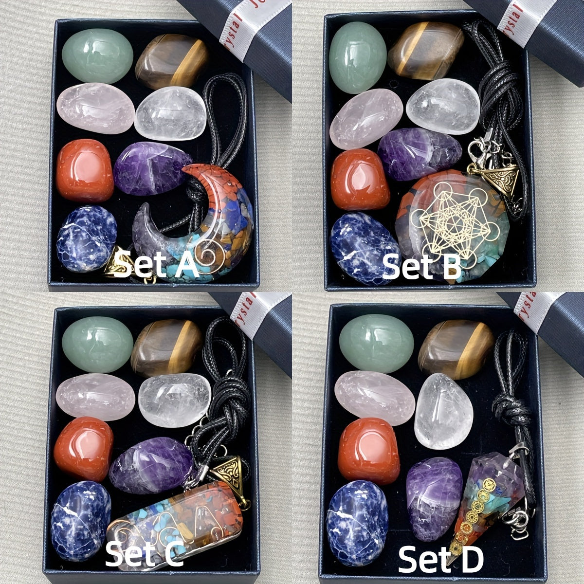 Set of 8 Natural Stone Pendants with Necklace Gift Box for Men and Women
