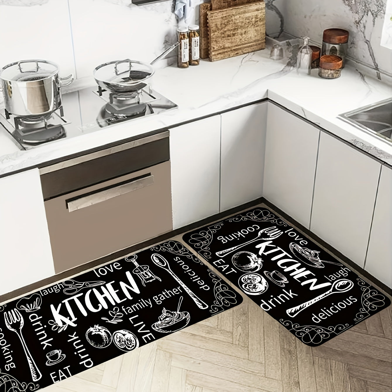 Qora oshxona mato, pichoq va qoshiq naqshli, sirpanishga qarshi, yuviladigan polyester gilam, pol uchun kirish