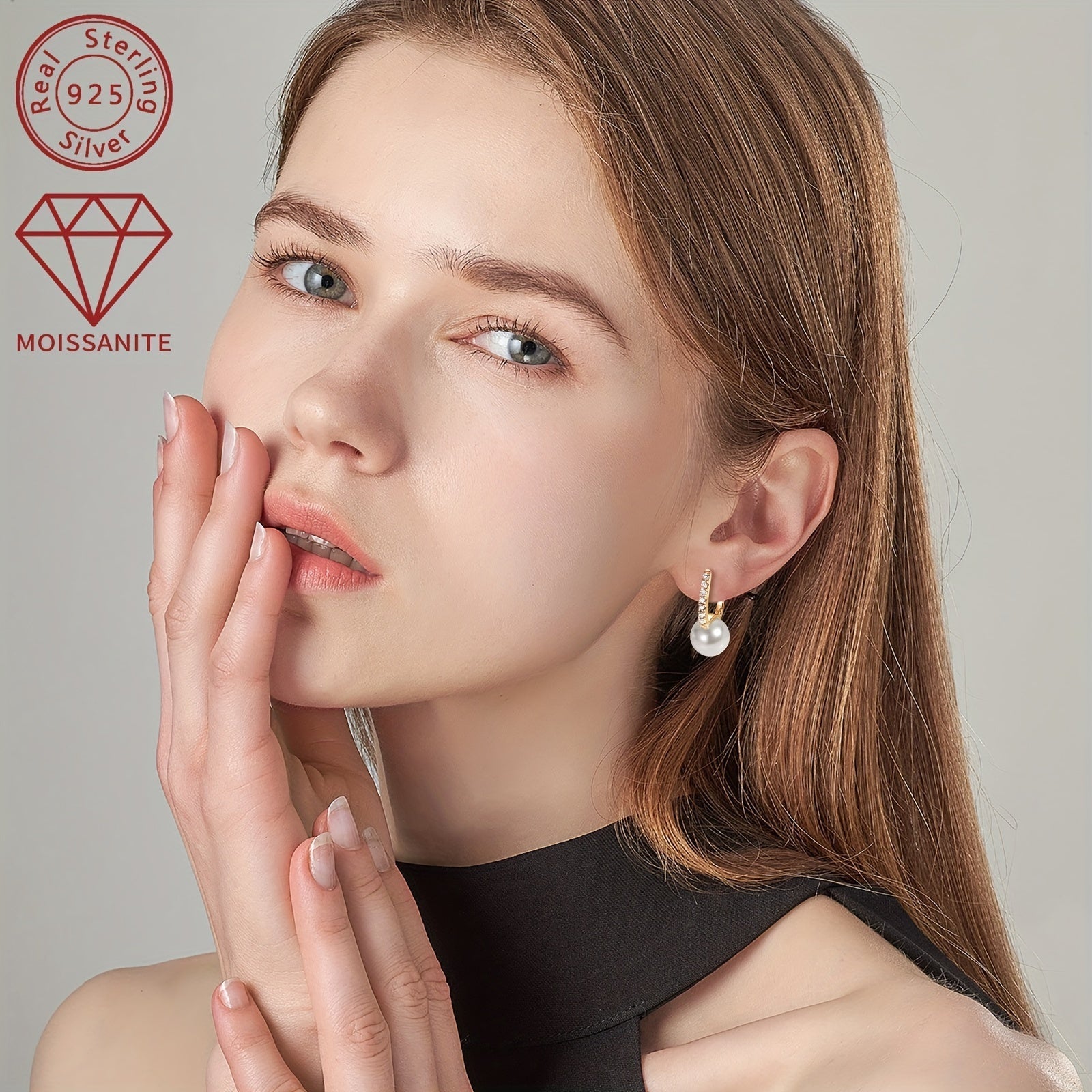 Women's Silver Pearl Earrings with Moissanite 9.5-10mm Freshwater White Pearls