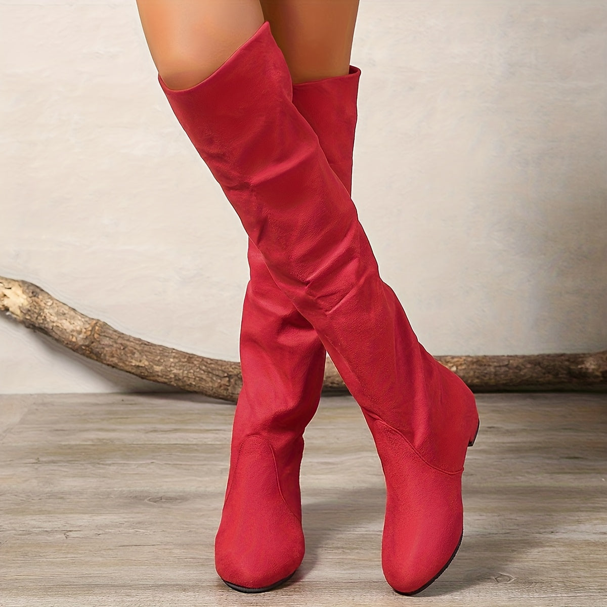 Women's Knee-High Boots Pull-On Low Block Heel Leather or Fabric Upper