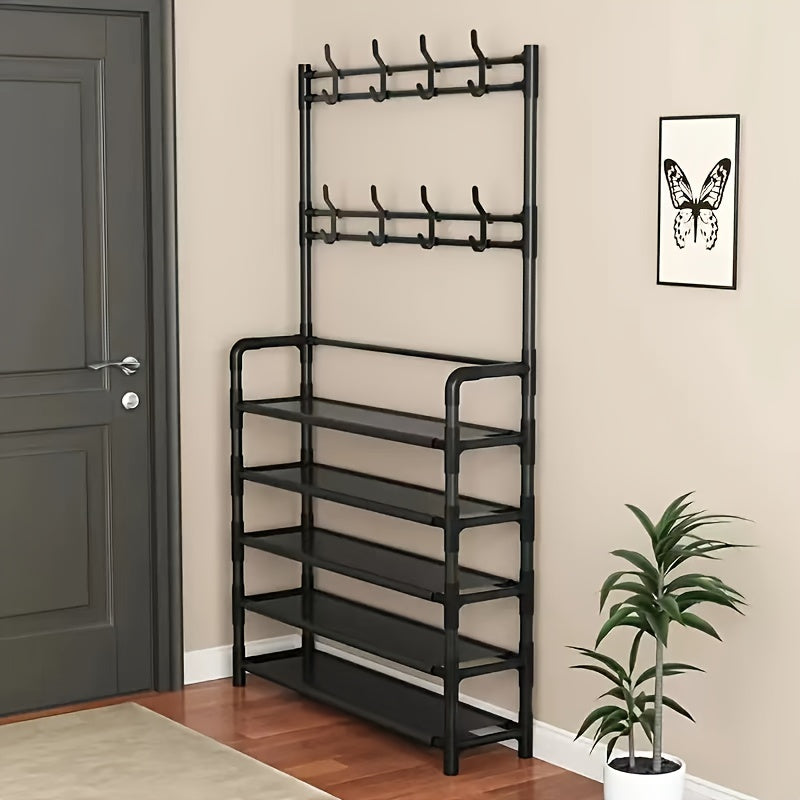 Black Metal Entryway Organizer Coat Rack with Hooks and Shoe Shelves 152.4cm