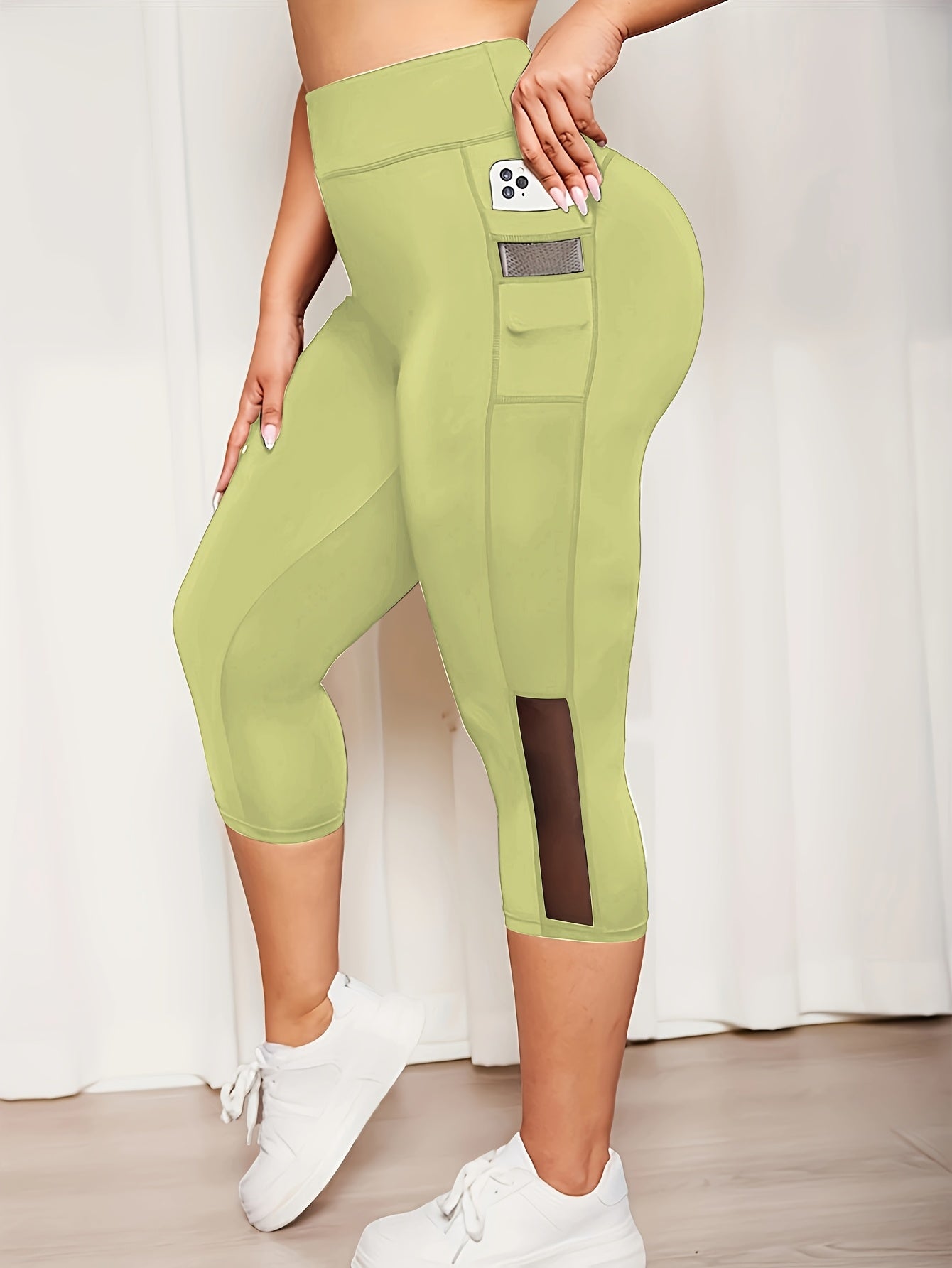 Women Plus Size High-Waisted Leggings with Mesh Panel and Pockets