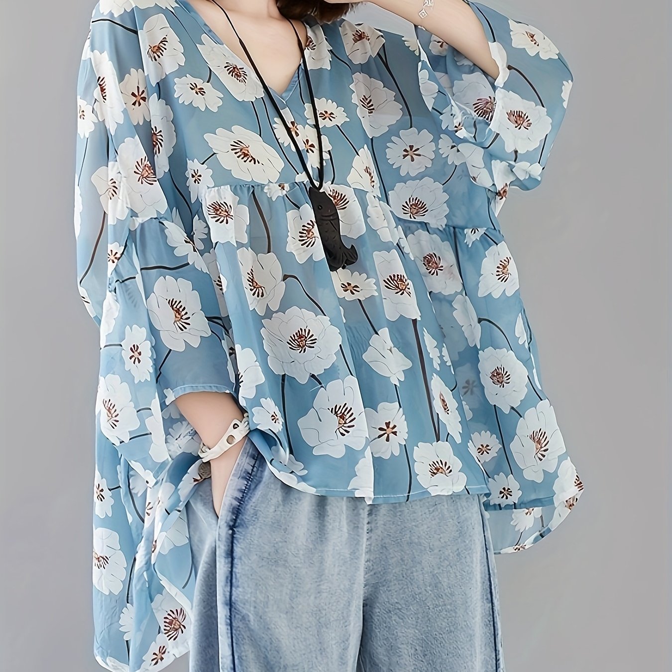 Plus Size Women's Floral Print Chiffon V-Neck T-Shirt Summer Top