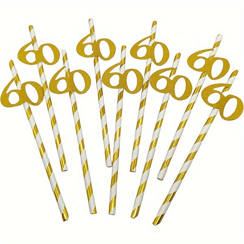 Set of 10 Gold Foil Number 50 Paper Straws for Birthday Party Decor