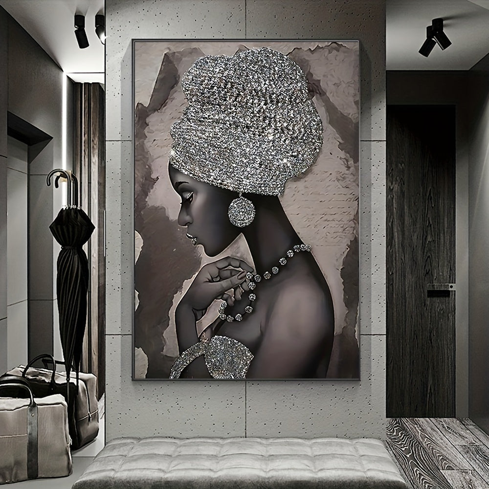 Abstract Canvas Wall Art Featuring Silvery Glitter Embroidered African Woman 40x60cm or 50x75cm