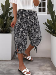 Pantalones capri de talla grande con estampado paisley para mujer, con cintura ajustable y abertura lateral