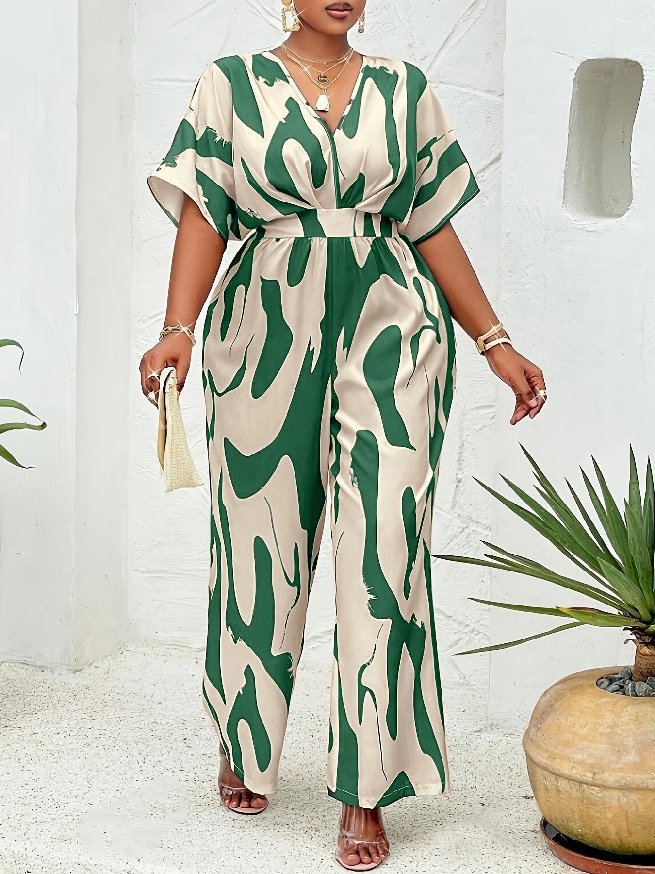 Plus Size Women's Tropical Print V-Neck Jumpsuit Lightweight Polyester Green Beige Camouflage