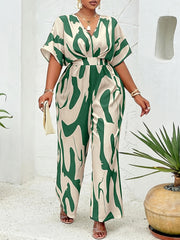 Plus Size Women's Tropical Print V-Neck Jumpsuit Lightweight Polyester Green Beige Camouflage