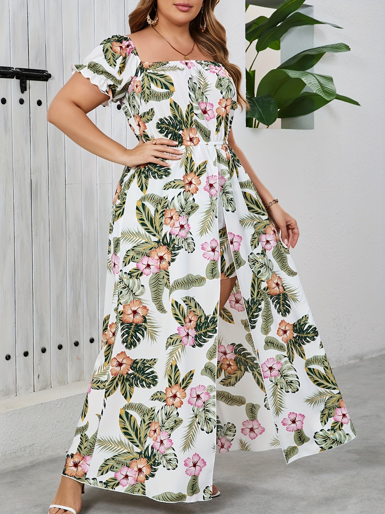 Women's Plus Size Tropical Print Off-Shoulder Jumpsuit with Short Sleeves