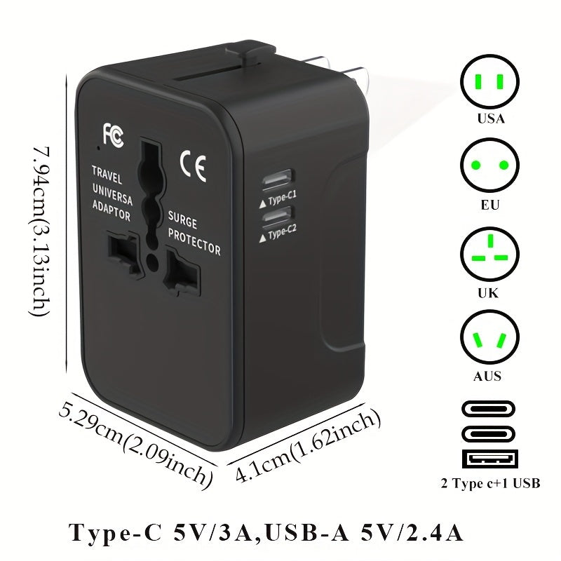 Yevropa sayohati uchun 1 USB va 2 Type-C portli universal sayohat adapteri, UK dan AQShga ulagich konvertori bilan birga.