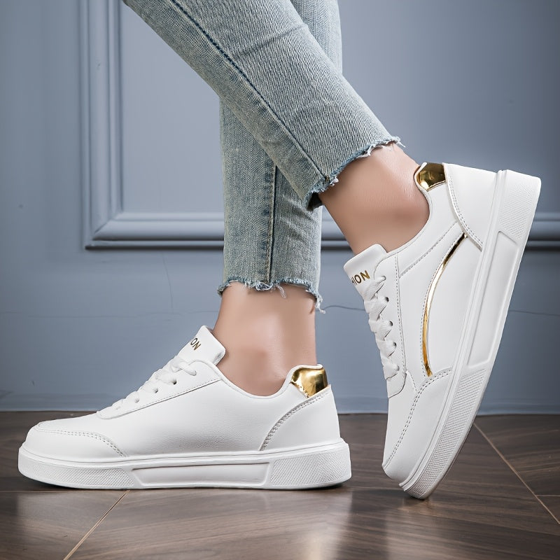 Women's White Sneakers with Gold Accents Low-Top Comfortable Casual Walking Shoes