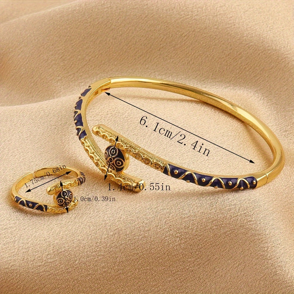 Women Boho Tribal Style Copper Cuff Bracelet and Adjustable Ring Set Gold Plated