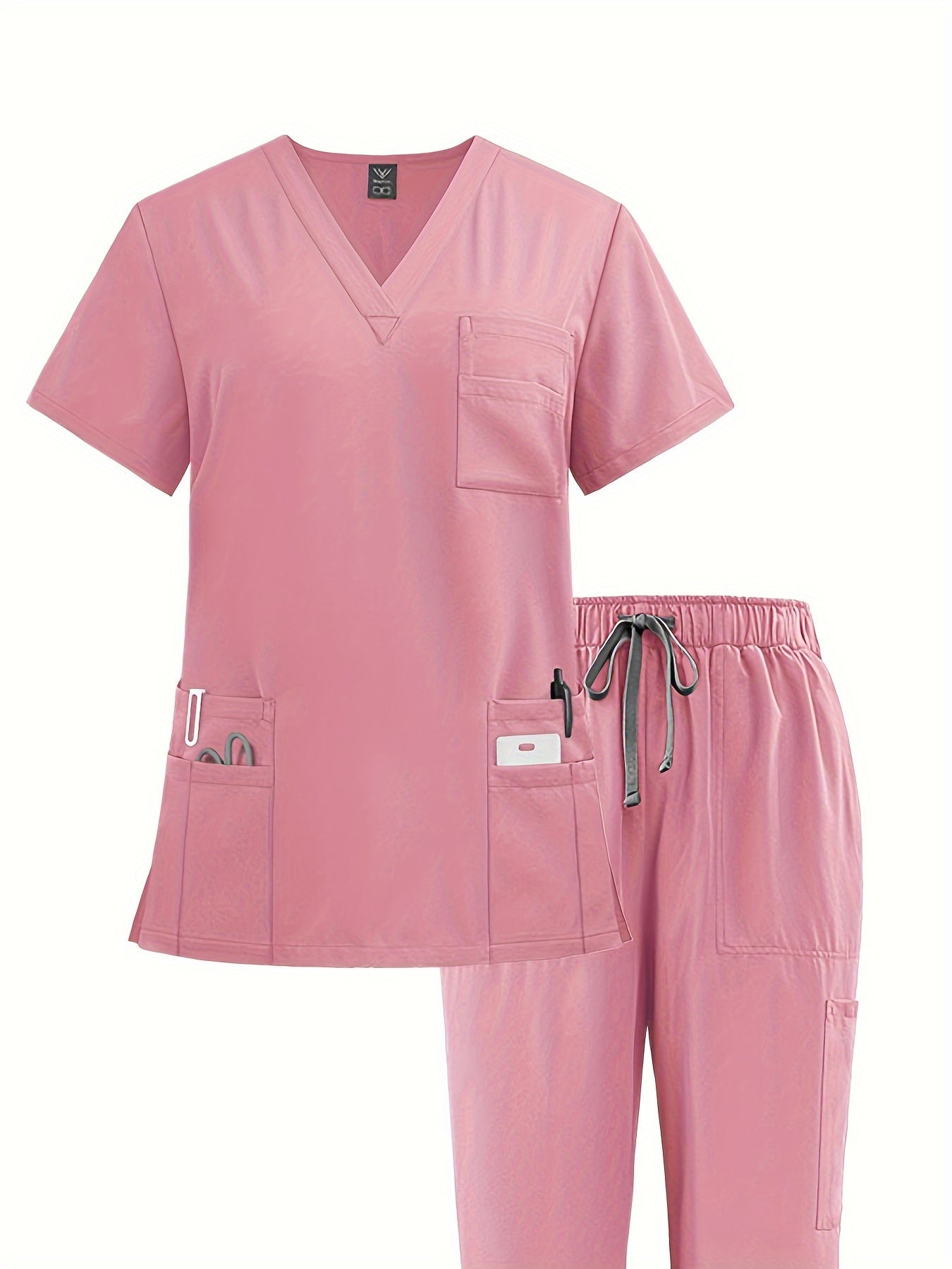 Polyester Spandex Scrubs Set with V-Neck Shirt and Straight-Leg Pants for Nurses and Surgeons