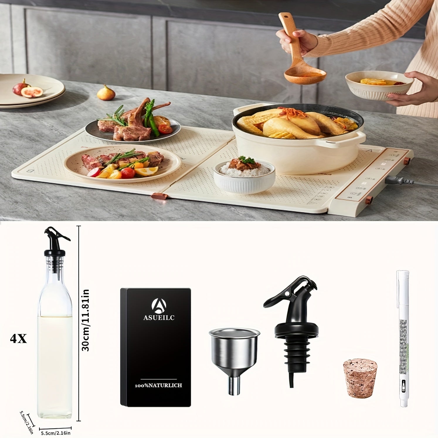 Bambuk Yog'li Shisha To'plami 4 ta Shisha Dispenser bilan, 500ml, Salat uchun va Pishirish uchun