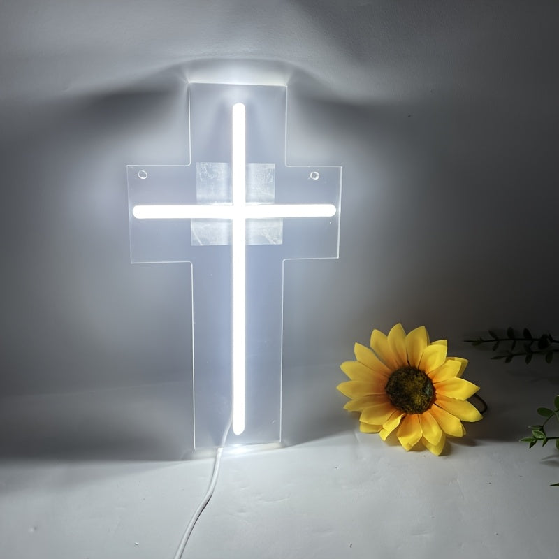 LED Neon Cross Sign 9.4x5.3 Inches Touch Switch USB Wall Decor for Home and Events