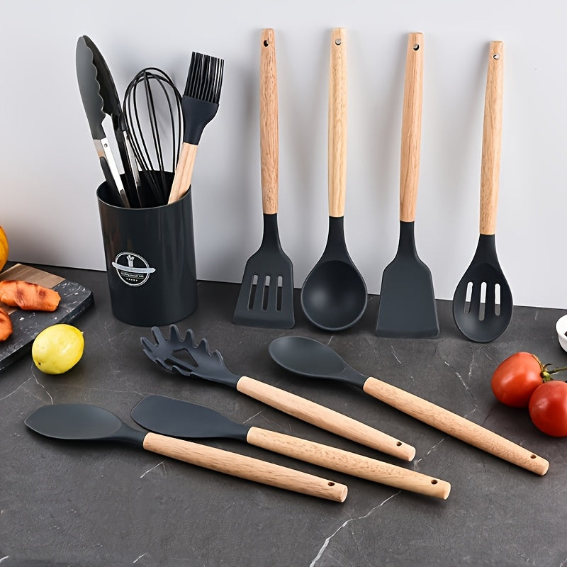 12-Piece Silicone Kitchen Utensil Set with Non-Stick Spatula and Spoon Wooden Handles