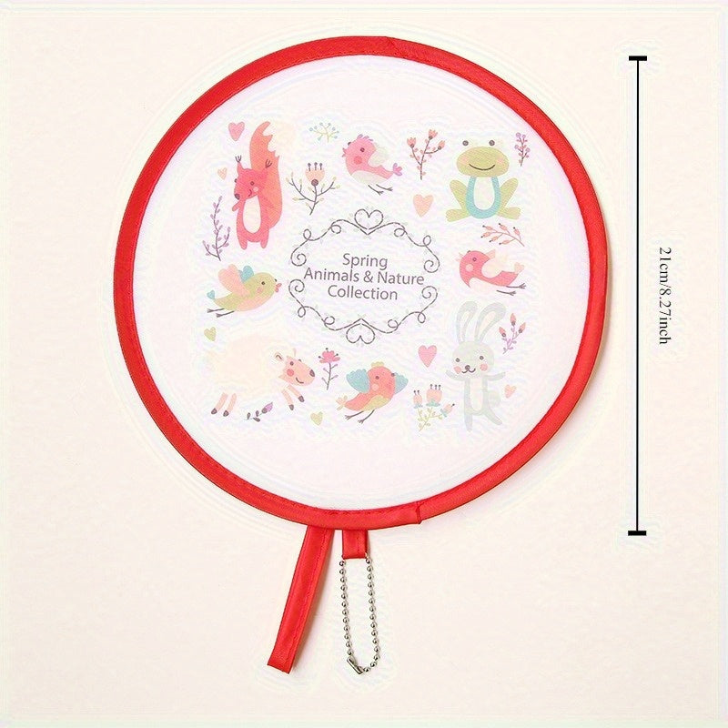 Spring-Themed Folding Hand Fan with Cartoon Ducks Flowers and Girls Durable Portable