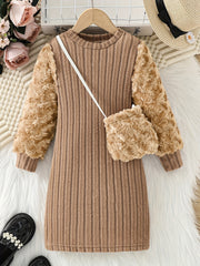 Girls Velvet Two Piece Set with Long Sleeve Top and Solid Dress