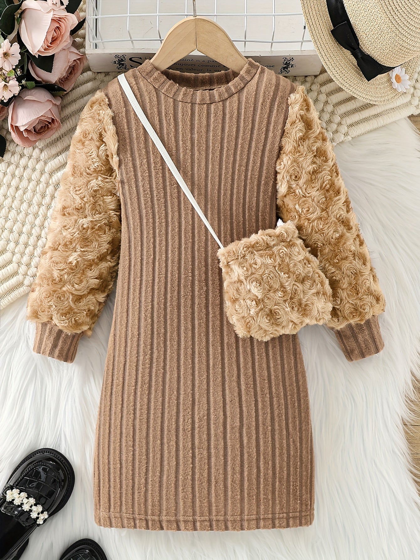 Girls Velvet Two Piece Set with Long Sleeve Top and Solid Dress