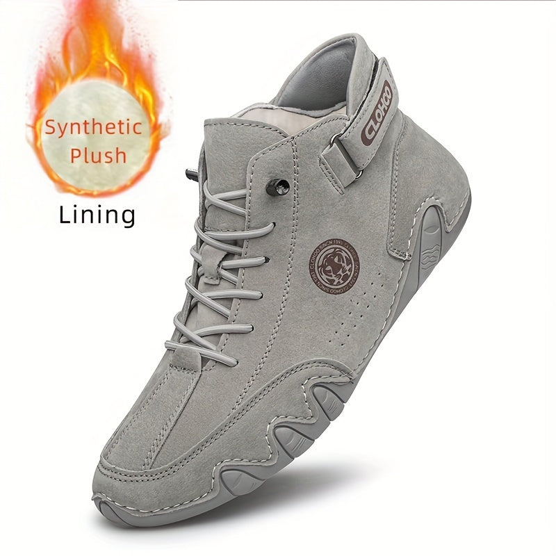 Men's Short Boots with Plush Lining and Hand-Stitched Octopus Design Casual PU High-Tops for All Seasons
