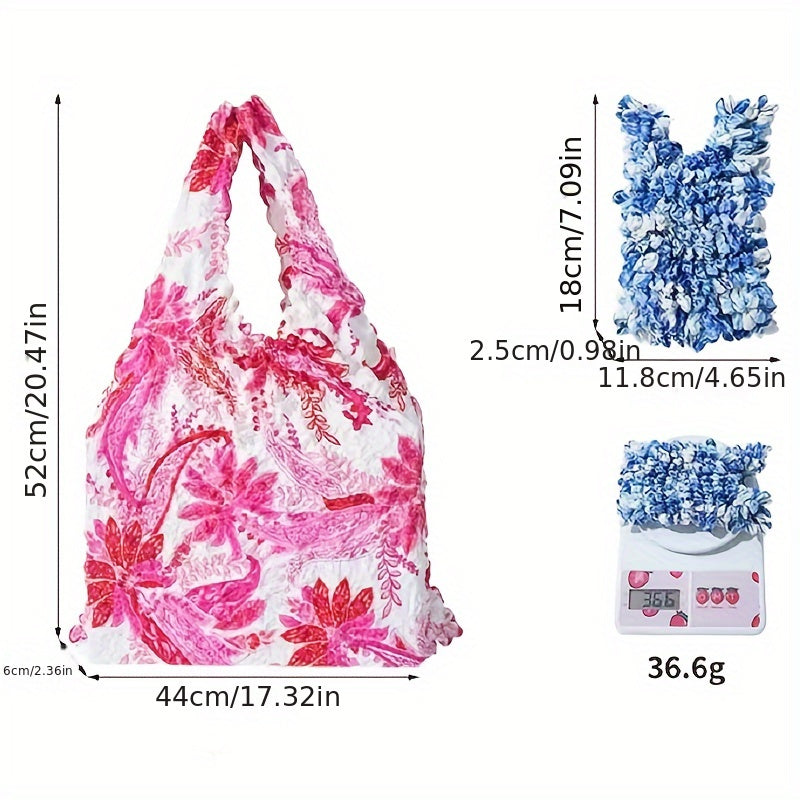 Reusable Grocery Tote Bag with Flower Pattern Stretchable Shoulder Bag for Shopping and Travel