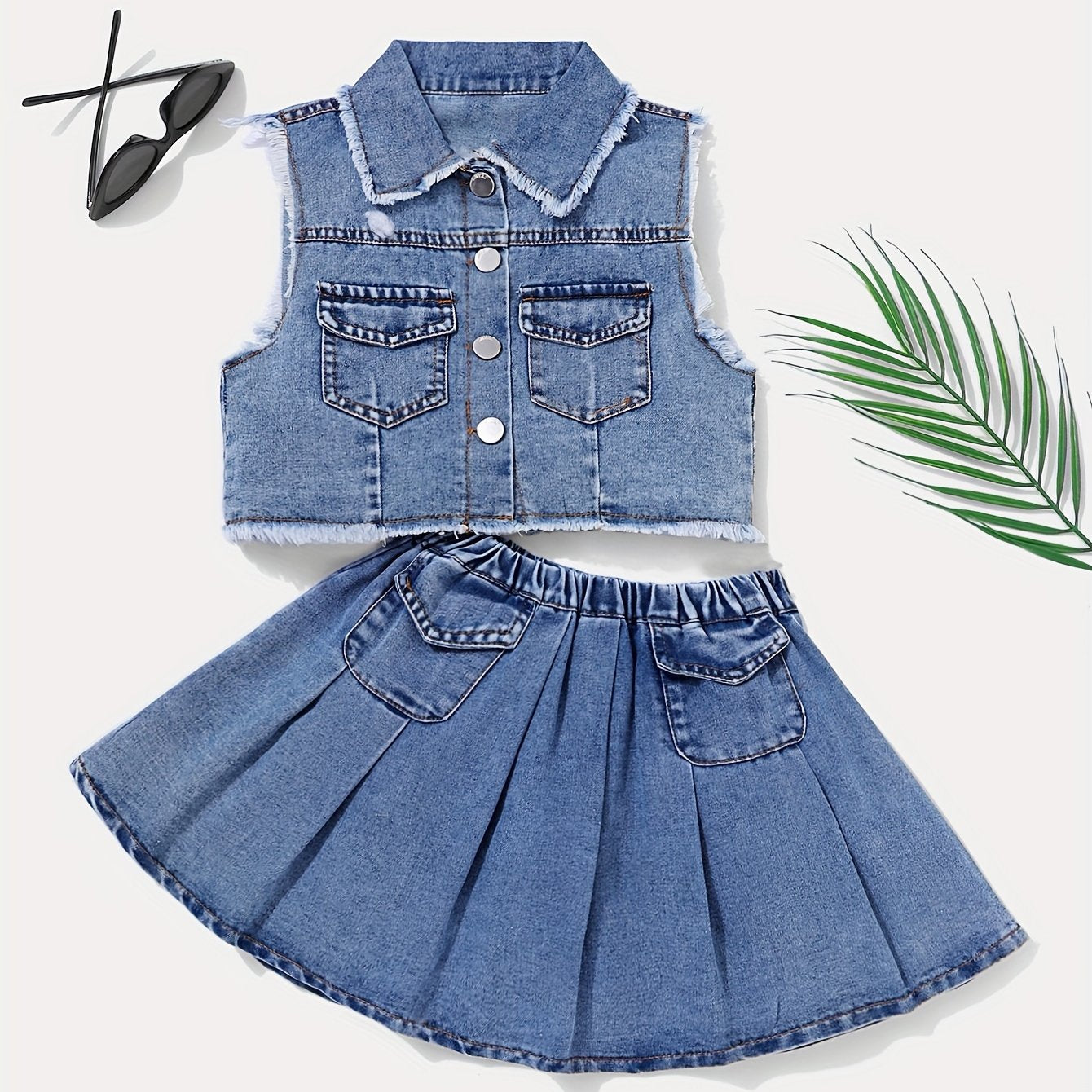 Girls Denim Set Medium-Large Size Solid Color Woven Peplum Spring Summer Fall