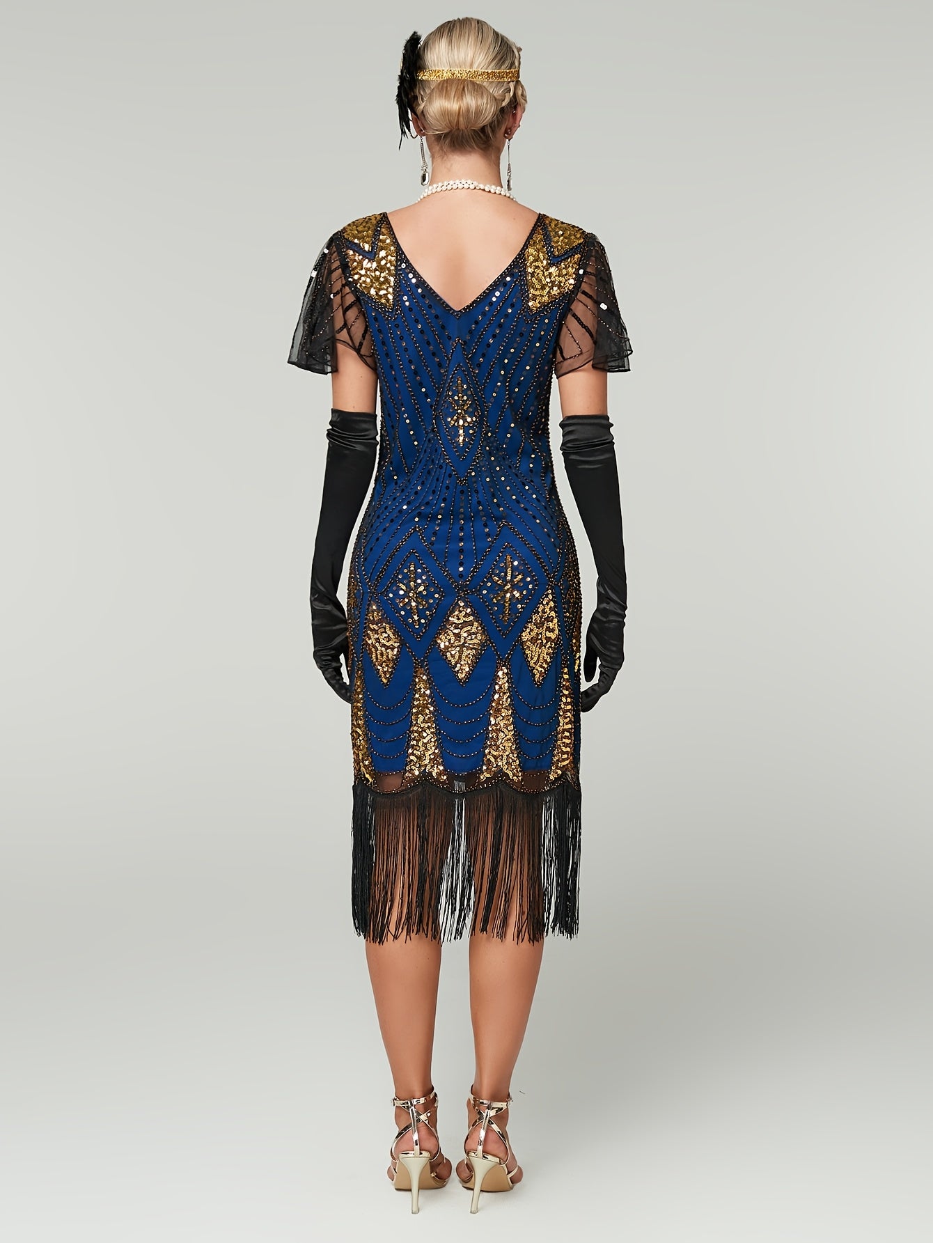 Women's Sequin Fringe Flapper Dress V-Neck Cocktail Gown Evening Wear