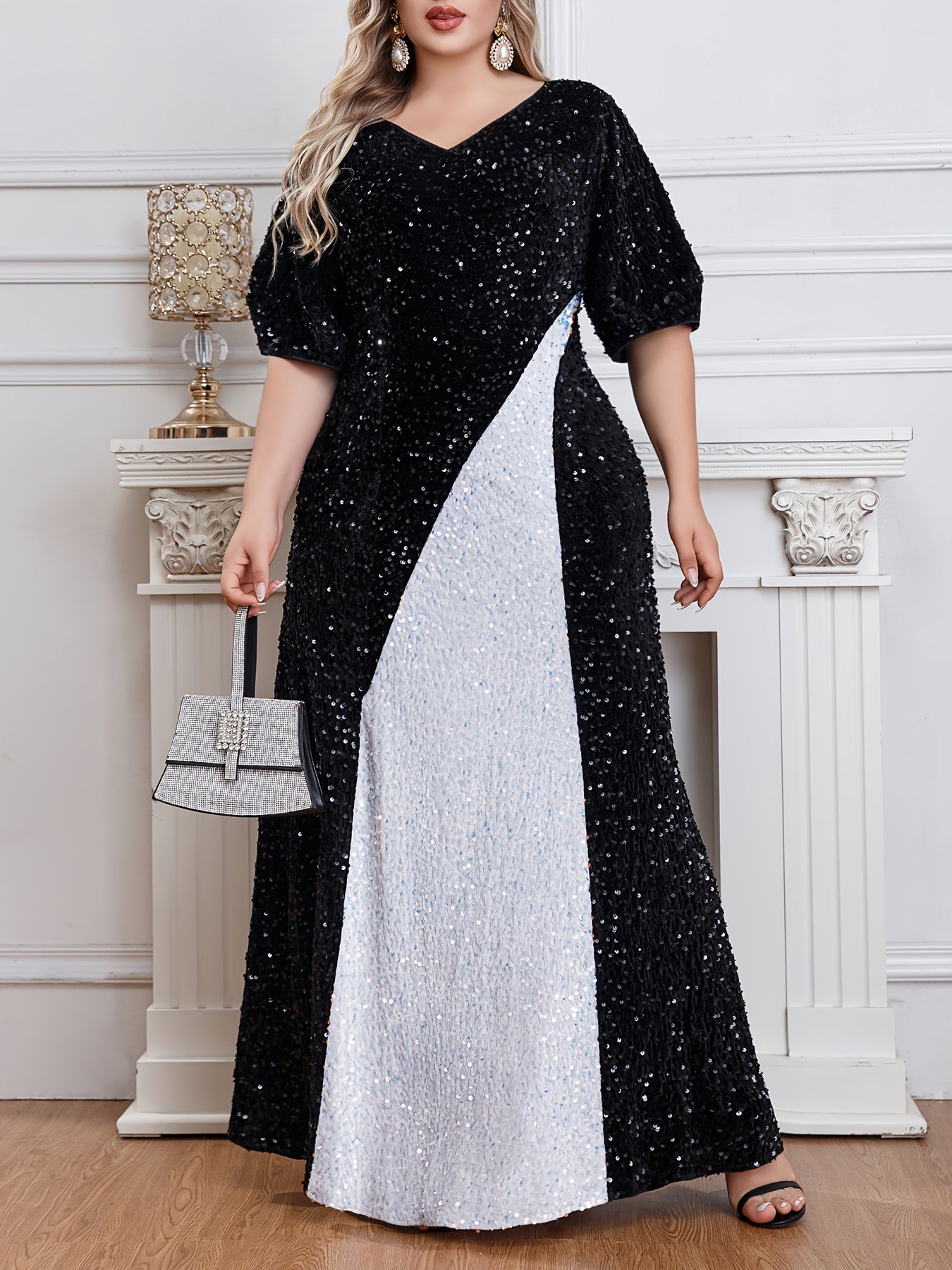 Plus Size Black Night Starry Sky Sequin Dress Evening Gown