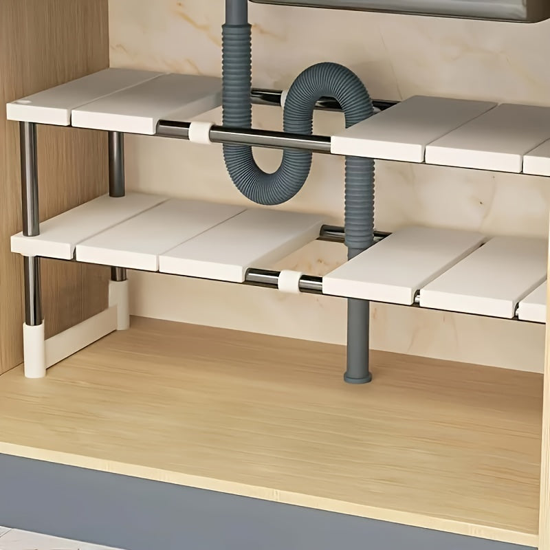 Adjustable Under-Sink Storage Rack Tiered Plastic Stainless Steel Kitchen Organizer