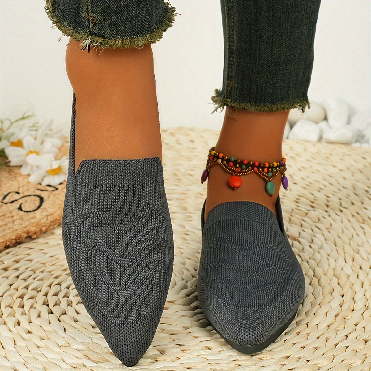 Women's Breathable Slip-On Mary Jane Flats with Fabric Upper and Rubber Sole