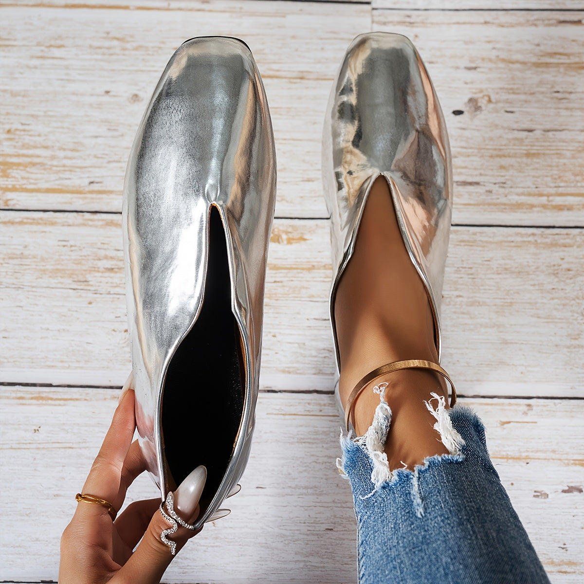 Women’s Red Mary Jane Flats Casual Slip-On Square Toe Shoes