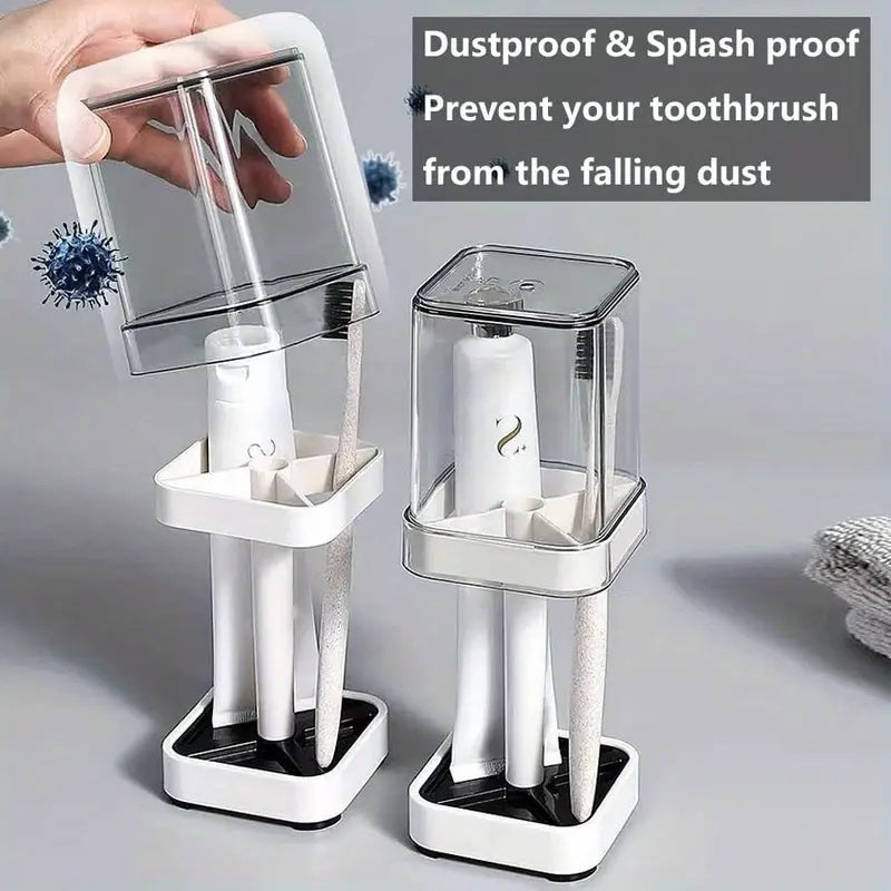 White Plastic Toothbrush Holder with Cup and Lid for Bathroom Countertop Storage