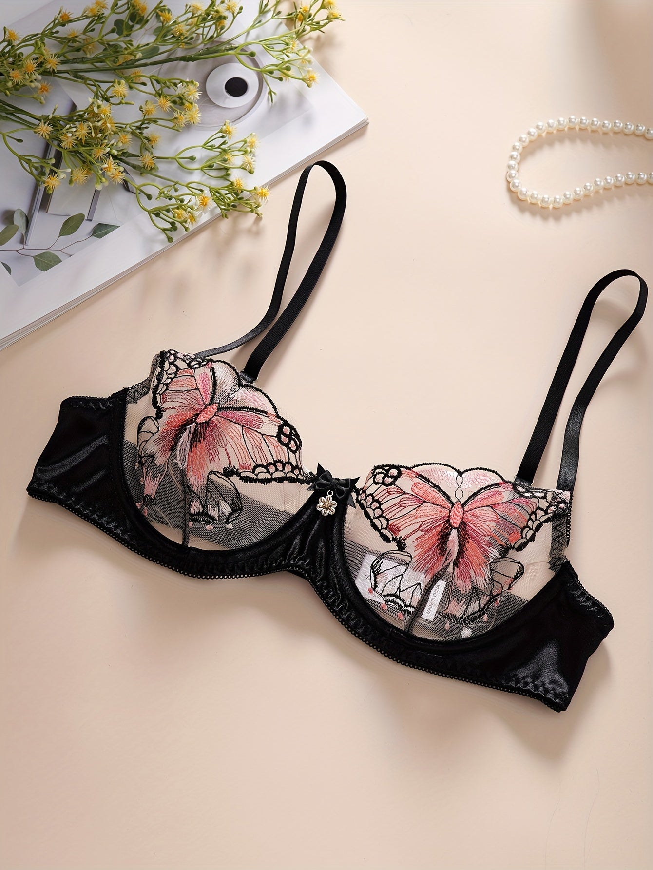 Women's Butterfly Lingerie Set with Sheer Mesh Embroidered Underwire Bra and Thong