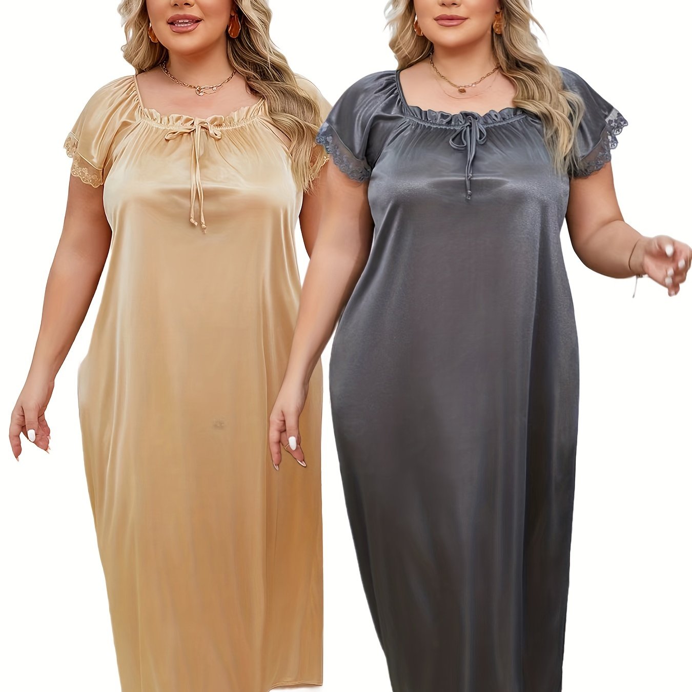 Women's Satin Sleep Dresses with Lace Trim Square Neck Short Sleeve Nightgowns in Red and Black Polyester Blend