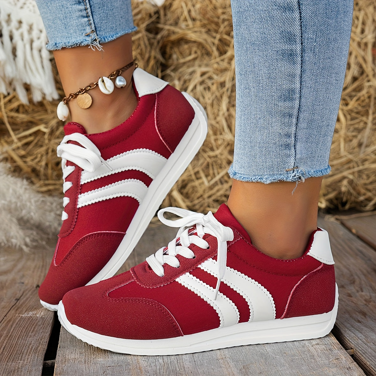Women’s Casual Breathable Fabric Sneakers Low-Top Running Shoes Red White