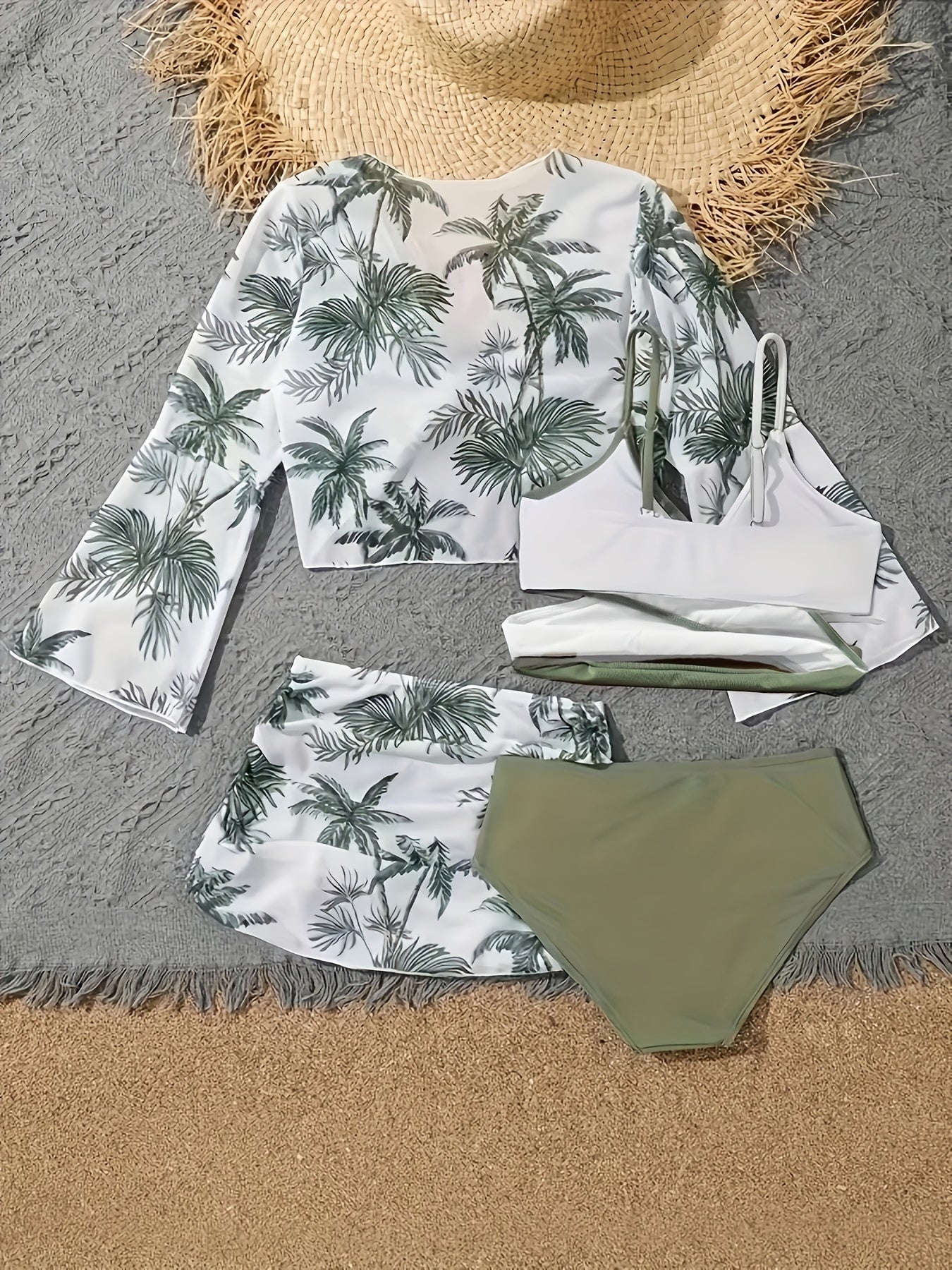 Women's Coconut Tree Print 4-Piece Bikini Set with Cover Up and Skirt