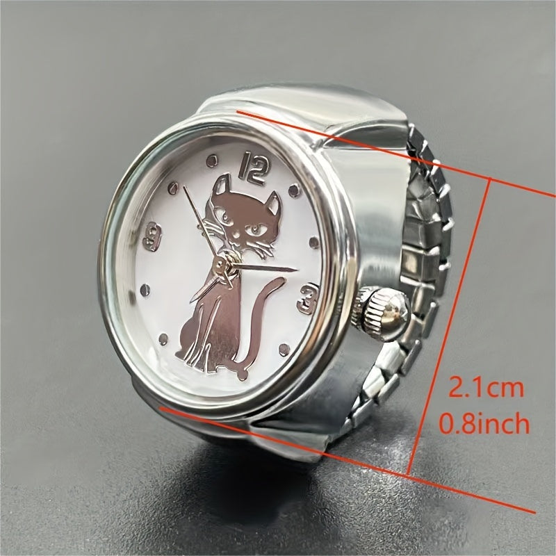 Small Cat Design Round Quartz Watch for Women Gold Silver Finger Ring Style