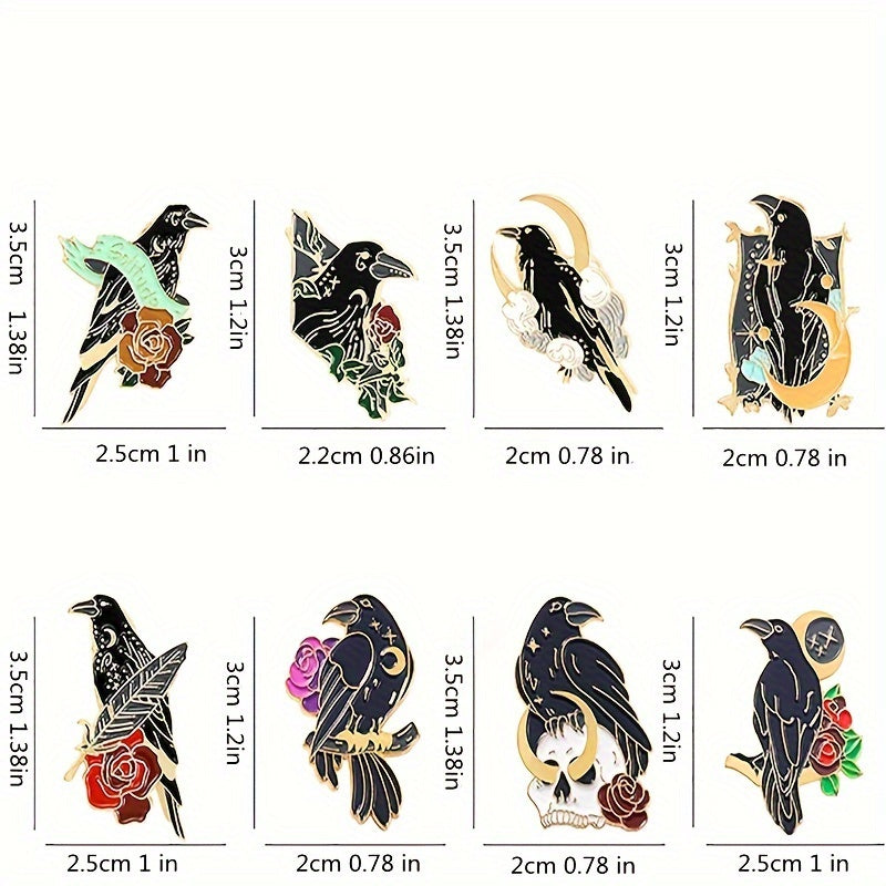 Set of 10 Black Crow Enamel Gothic Brooches for Backpacks Shirts and Denim Bags