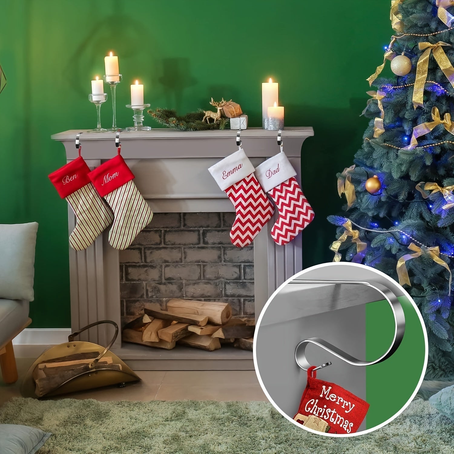 4-Piece Silver Christmas Stocking Holders Fireplace Hooks Party Decorations