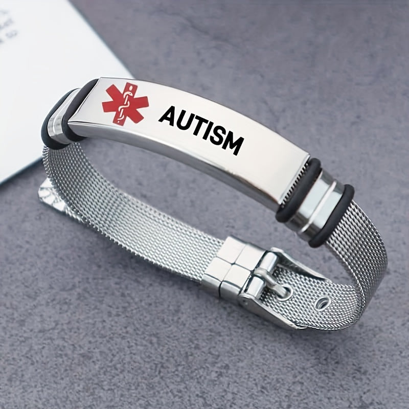 Adult Stainless Steel Medical Alert Bracelet Adjustable with Red Caduceus